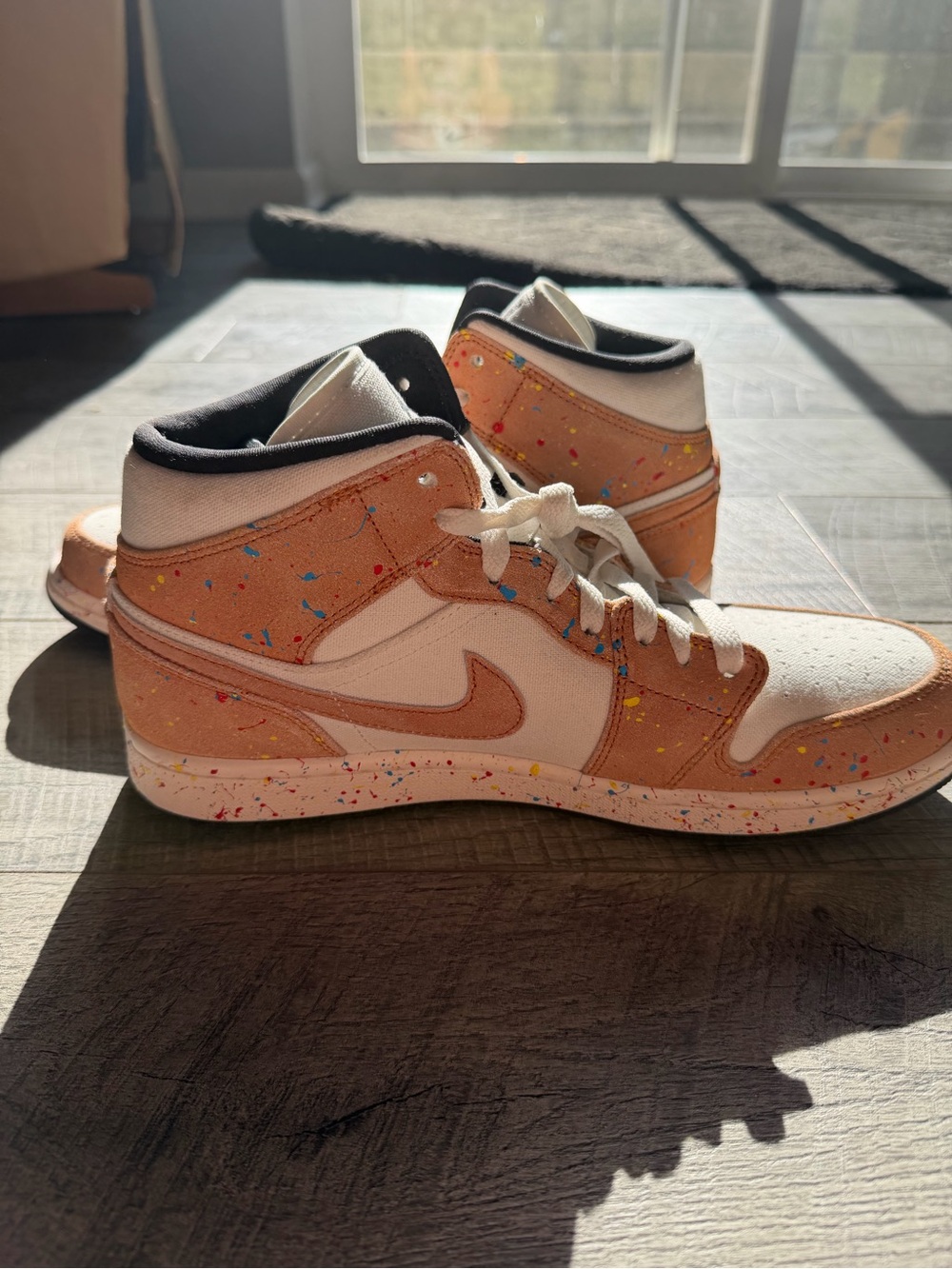 Nike Mid-Top Sneakers in White, Tan, Black with Paint-Splatter Detail - Picture 6 of 9